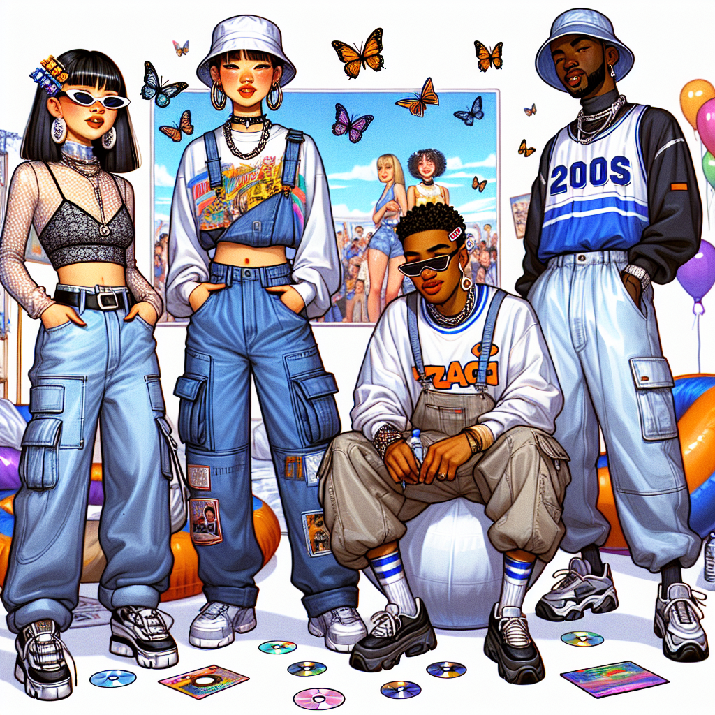 Must-Have Looks for Your Next Y2K Party Illustrate a bright and nostalgic scene depicting 2000s inspired fashion. In the frame, show four people of different descents: Black female in low-rise jeans with a crop top and sunglasses, Asian male in a graphic tee, baggy cargo trousers, and bucket hat, a Middle-Eastern female in an all-denim outfit with butterfly clips arranged in her hair, and a Caucasian male in oversized sports jerseys and chunky sneakers. Scatter around the room Y2K essentials like inflatable furniture, neon lights, and CD piles. Let the setting be a festive, retro living room ready for a Y2K party.