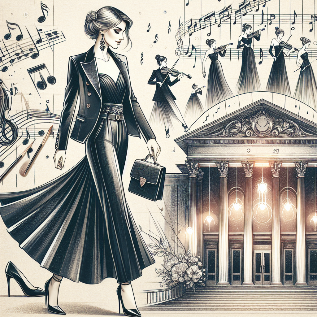 Create a striking image of a stylish concert-goer heading to a contemporary orchestral music event. The individual displays a love for music and appreciation for the composer's work through an elegant outfit, perhaps an evening gown or tuxedo, depending on your choice. Their hairstyle and accessories are in perfect harmony with their chosen outfit. Every detail from their shoes to a possible music note pendant suggests they are a serious music enthusiast. The background hints at the anticipation of a magnificent musical evening, with an artistic representation of musical notes and a dreamy concert hall entrance.