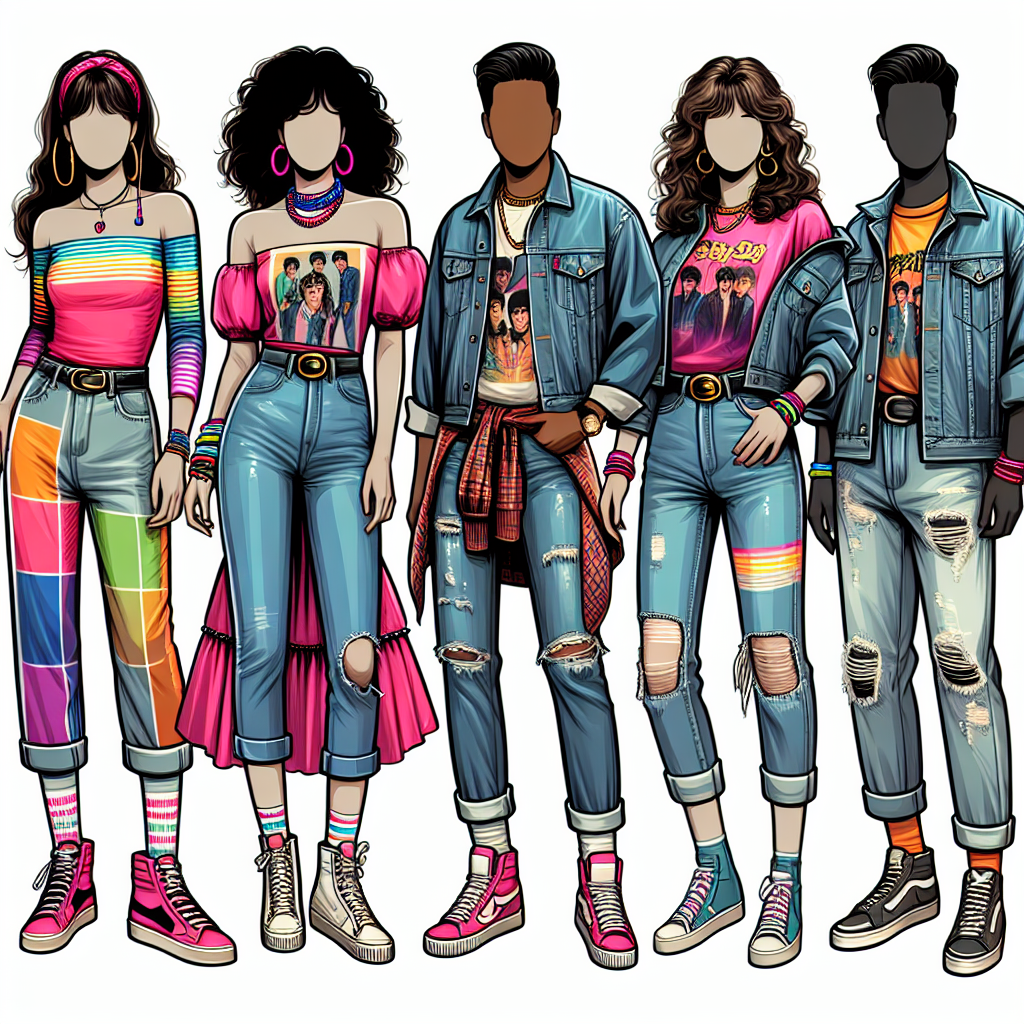 A detailed fashion guide for fans who plan to attend a pop music concert of a 1980s boys' band revival. Show the outfits that include vibrant colors and retro styles that pay homage to the 1980s fashion trends. The first look is a female with Hispanic descent wearing a neon-colored off-shoulder top, acid-washed jeans, and ankle-high sneakers. The second outfit is on a Black male, sporting a vintage band t-shirt, ripped jeans, and high-top sneakers. The third silhouette is a Caucasian woman in an oversized denim jacket, leggings, and chunky jewelry.