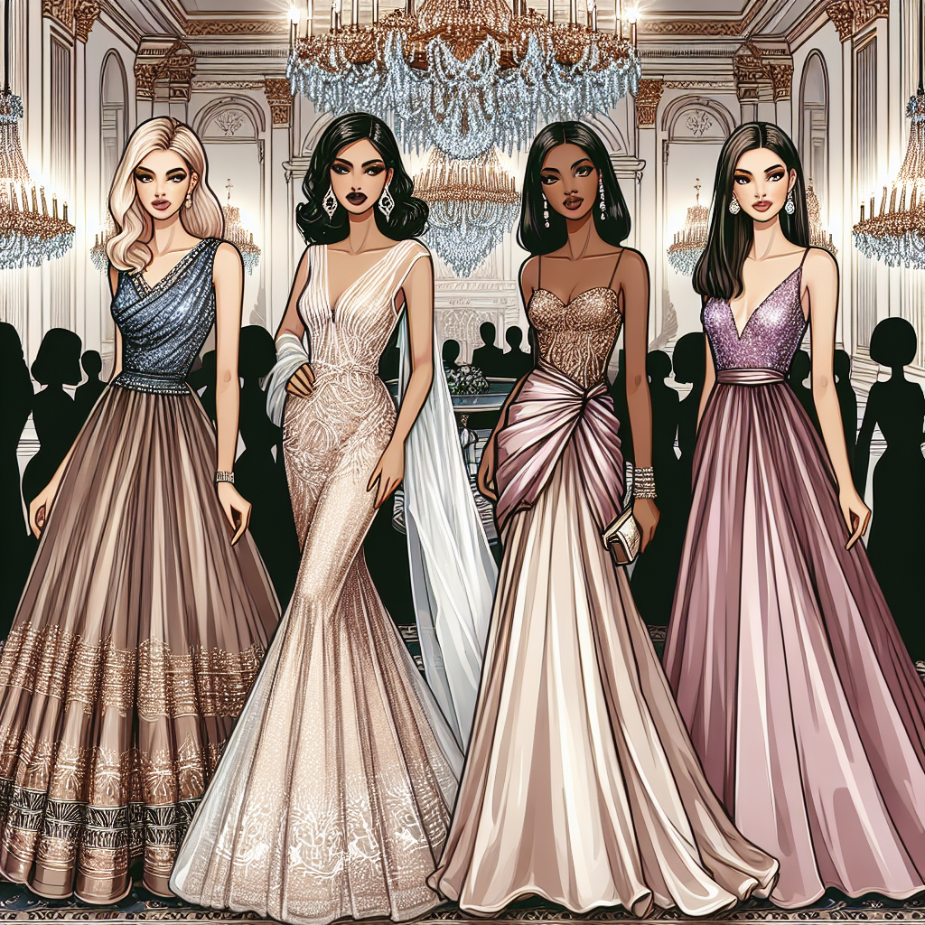 Illustrate an elegant scene of a fashionable evening gala. Showcase a selection of beautiful gala outfits for women. Detail four women standing together, each representing different descents: a Middle-Eastern woman, a South Asian woman, a Black woman, and a Hispanic woman. Each woman wears a magnificent dress that exemplifies effortless elegance and matches their unique style. The scene should reflect the stunning opulence of high-society galas with gleaming chandeliers above and a grandiose staircase in the background.