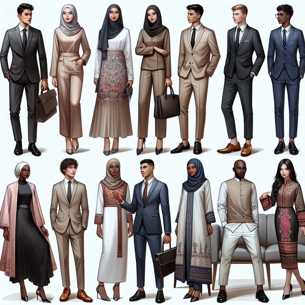 Stunning Interview Outfits 2024: Dress to Impress Showcase a collection of modern, fashionable interview outfits for the year 2024. The outfits are meant to reflect a professional and confident look, embodying the notion of 'Dressing to Impress'. Include a variety of culturally diverse and gender diverse work-friendly attire that people from all walks of life might wear. The collection should include a sharp business suit worn by a Hispanic man, an elegant professional dress on a Caucasian woman, an eye-catching traditional attire for an interview on a Middle-Eastern woman, a refined business casual ensemble on a South Asian man, and a sophisticated couture outfit on a transgender Black woman.