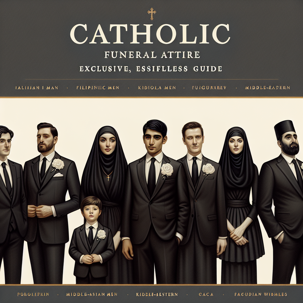 Imagine a comprehensive guide on Catholic Funeral Attire. Depict the cover image of this guide vividly. It showcases men and women of various descents. There are Italian men in dark suits, Filipino women in modest black dresses, Middle-Eastern men in clean black kandoora, and Caucasian women in traditional black veils. Each individual conveys a sense of respect and solemnity. They are arranged thoughtfully on the cover, with a respectful distance from each other. The title of the guide 'Catholic Funeral Attire: Exclusive, Effortless Guide' is tastefully superimposed towards the top of the image in an elegant, noticeable font.