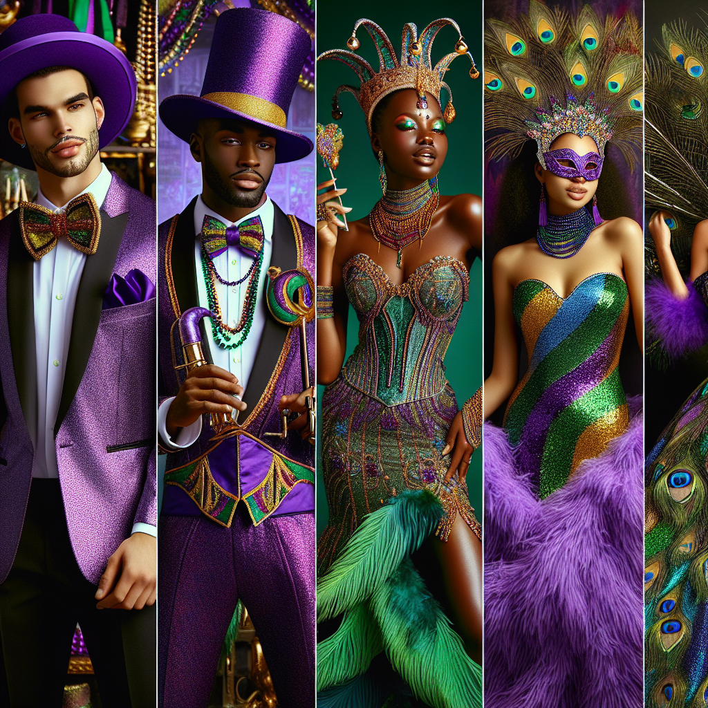 Mardi Gras Style: Must-Have Outfits for Unforgettable Fun Envision an array of radiant and vibrant Mardi Gras costumes that are all the rage for a memorable celebration. The first outfit is worn by a Middle Eastern man, and it's a sparkling violet suit, complete with matching top hat and feather boa. Near him, a Black woman shares the scene in her iridescent green gown, accentuated with gold bead necklaces. On the other side, a Hispanic man showcases his vivid, multicolor jester costume and mask. Meanwhile, a South Asian woman graces the scene in a peacock-toned lush, floor-length feather gown. These richly decorated outfits capture the spirit of Mardi Gras merriment.