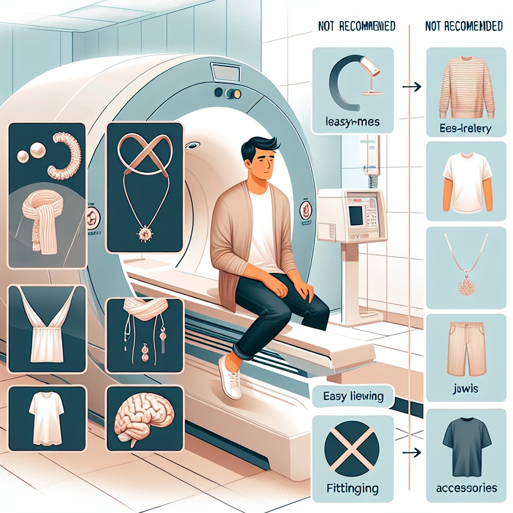A detailed guide with illustrations showing what to wear for a PET scan. The guide shows an individual with a relaxed posture and a calm expression, interpreting the word 'effortless'. The patient is wearing easy-to-remove clothes. Featured next to the patient are various elements such as jewelry, fittings, and accessories all placed in a 'not recommended' section, with a clear 'no' symbol overlaying them. The scene takes place in a modern-day radiology clinic with clean, sleek aesthetics. The surroundings are calm and serene with pastel colors conveying a sense of tranquility.