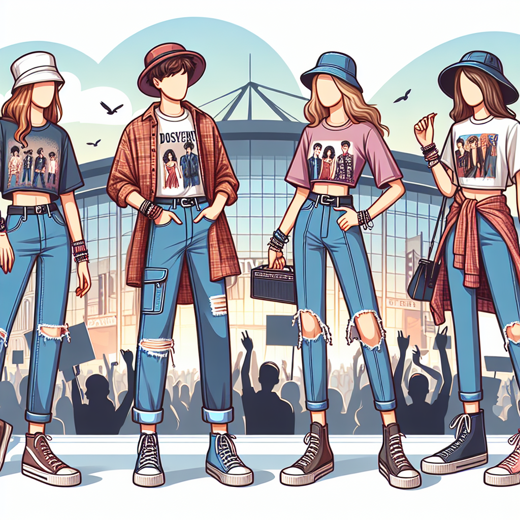 Construct an illustration displaying chic concert attire suitable for an evening filled with modern pop music. The designs should cover both warm and cold climates. They could incorporate elements like stylish denims, comfortable sneakers, layered jewelry, band t-shirts, and trendy bucket hats. The characters wearing the outfits should represent a mix of genders and descents. Show the scene of an energized group of friends excitedly heading towards a concert of a popular young singer in a contemporary cityscape as the sun sets, with the concert venue seen in the background.