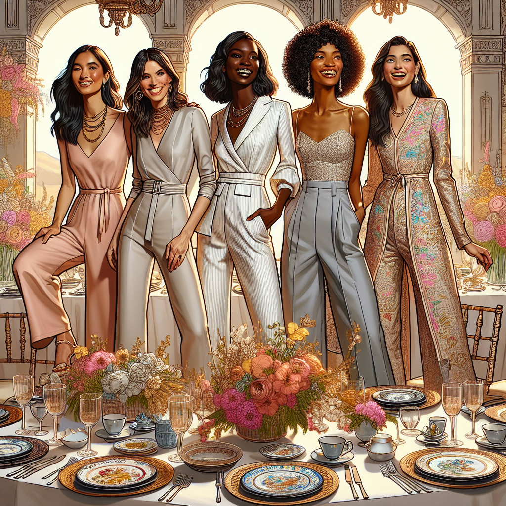Conceptualize a scene depicting a diverse group of brides to be in a posh luncheon event. Envision four women from different descents: a Caucasian woman, a Hispanic woman, a Black woman, and a South Asian woman, all radiating joy and warmth. They should all be stylishly dressed in eye-catching, comfortable attires appropriate for a daytime event. Their outfits would range from structured, playful jumpsuits, flowy summer dresses, sleek pantsuits to intricately embroidered ethnic wear. The surroundings should echo the sophistication, with a classy dining setup layered with exquisite porcelain, silver cutlery, and flamboyant floral arrangements. Likewise, the overall atmosphere must reflect camaraderie and subtle excitement inherent to brides-to-be gatherings.