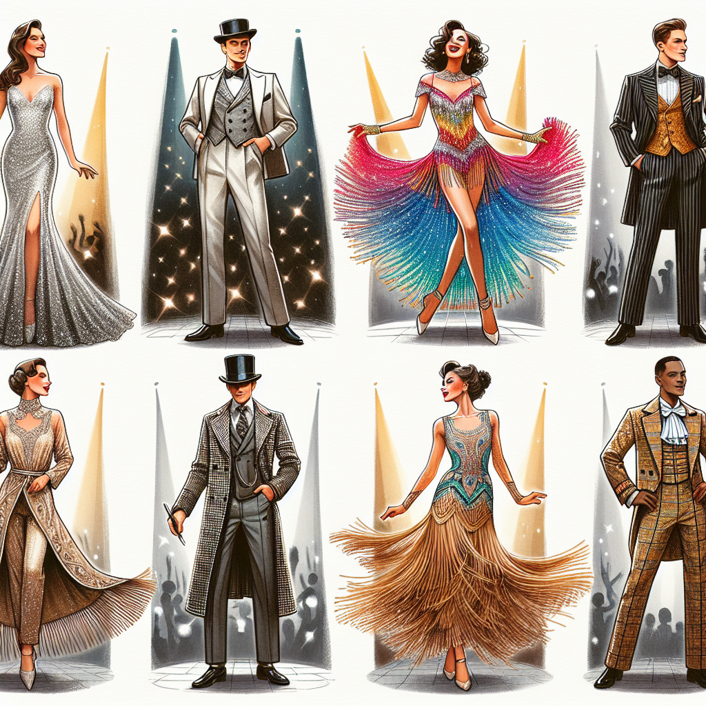 Stunning Outfits for Broadway: Effortlessly Chic A illustrative collage of five stunning outfits suitable for Broadway shows. Each outfit is effortlessly chic, demonstrating an appreciation for both comfort and style. The first outfit includes a sparkly evening gown, spotlighted as if on stage. The second showcases a tailored suit for a male actor, complete with a top hat. The third is a playful, colorful costume for a female dancer, replete with fringes and sequins. The fourth contains a chic modern attire worn by a South Asian woman, whereas the last one shows a classical period costume donned by a Black actor. All images evoke a sense of theatrical drama and elegance.