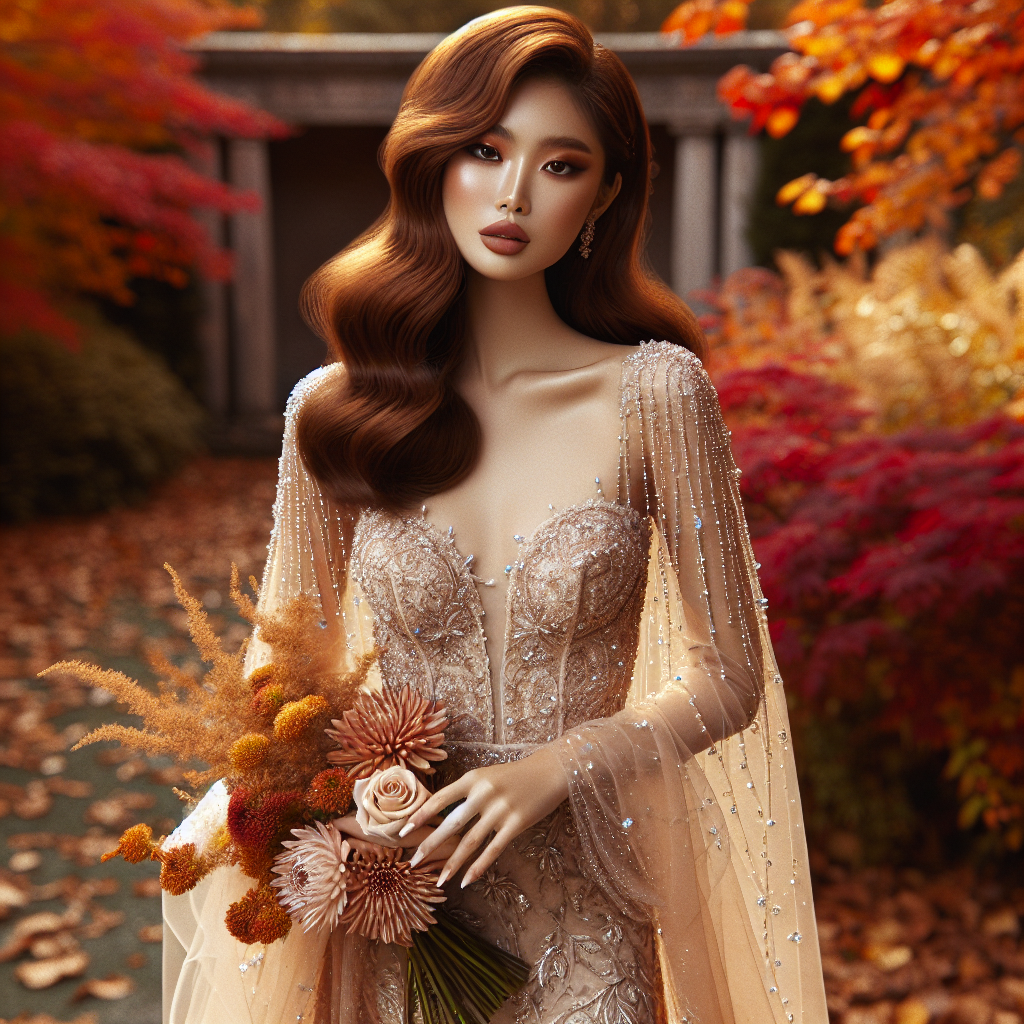 Stunning Fall Wedding Outfits for Her: Effortless Elegance Visualize an outdoor scene set in the crisp autumn season. An Asian woman dressed in a breathtaking fall wedding outfit poses elegantly. Her auburn hair cascades gracefully over her shoulders, accentuating her beaded, champagne-colored, long-sleeved floor-length gown. The dress highlights her slender physique and is adorned with detailed lace patterns. A light, chiffon shawl with a subtle shimmer is draped effortlessly over her arms. She is holding a bouquet of blush roses, golden chrysanthemums, and vibrant foliage. Her makeup is simple yet sophisticated, complemented with a glowing, warm-toned lipstick. Behind her, leaves in hues of orange, red, and gold paint an enchanting backdrop.