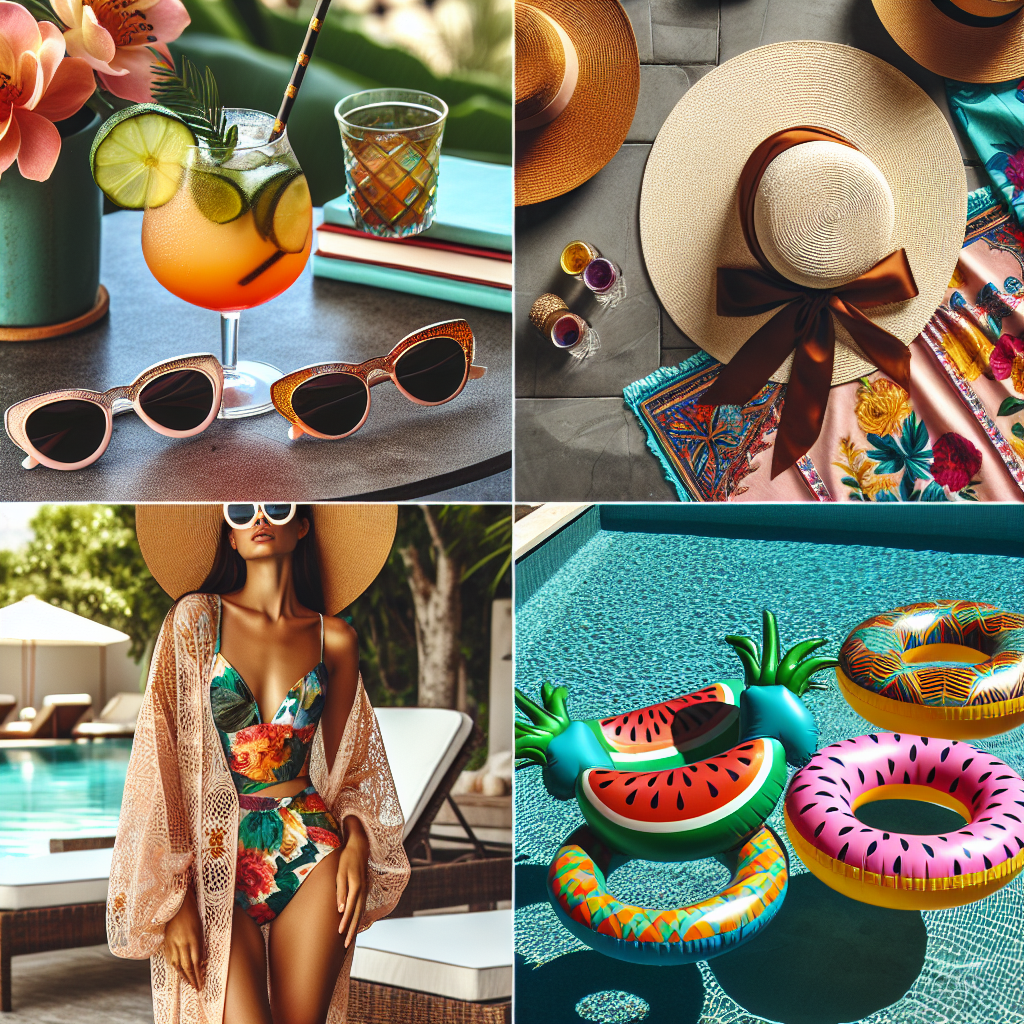 Must-Have Styles for Pool Parties: Effortless & Chic A collage of popular pool party styles, focused on effortless and chic designs. Picture one, illustrates a sophisticated pair of sunglasses resting next to an invigorating, fruity cocktail on a trendy patio table. Image two shows a stylish straw hat adorned with a matching silk ribbon on a poolside lounge chair. Picture three showcases an elegantly stitched sarong in vibrant shades of tropical prints casually draped over a pool chair, while picture four highlights a pair of Instagrammable floaties in the shape of colorful tropical fruits bobbing in a crystal clear pool.