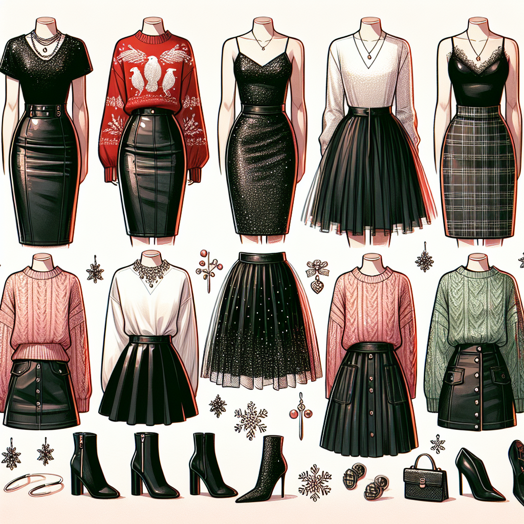 Create an aesthetically pleasing montage of must-have outfits for a Christmas party featuring a black skirt. Show a variety of styles suitable for different personal tastes and body types. To start, illustrate a black pencil skirt paired with a red sweater ornate with silver sequin designs. Next to it, depict a flare black skirt styled with a white silk blouse and a gold statement necklace. Following that, create an ensemble with a black tulle skirt worn with a pastel pink knitted sweater and snowflake earrings. Finally, sketch a black leather skirt combined with a green tartan shirt and black ankle boots. Ensure each outfit is showcased on diverse female mannequins with various body sizes, from petite to plus size.