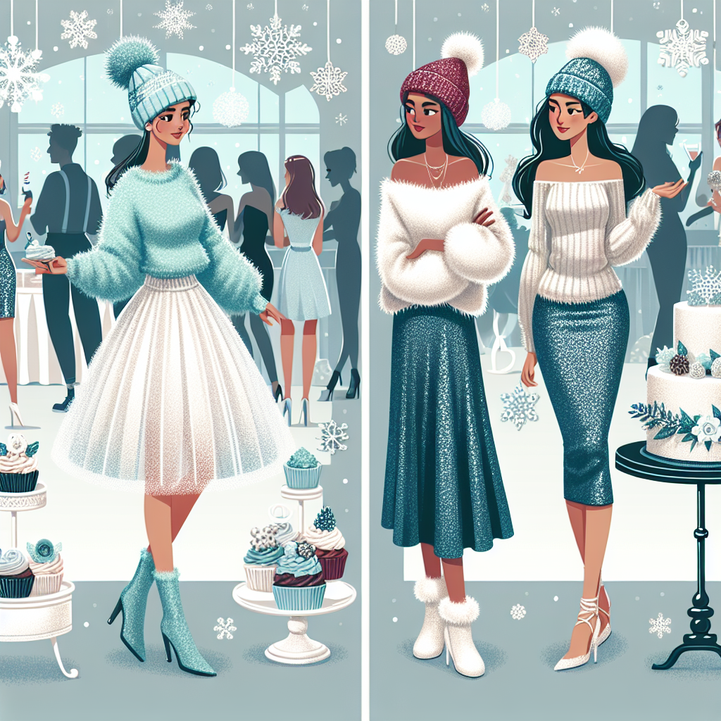 Winter Baby Shower Styles: Must-Have Chic & Cozy Outfits Create an image showcasing a variety of winter baby shower styles. Picture a room adorned with snowflake decorations, winter-themed cupcakes, and a plush white cake centerpiece. In the room, illustrate a gathering of people communicating and enjoying the festivities. Depict three women present with diverse descents: one woman of Middle-Eastern descent, sporting a chic, cozy outfit composed of a mint green fuzzy sweater and a white tulle skirt; another woman of Hispanic descent in a deep blue velvety long dress with white fur trim, and a Caucasian woman wearing a festive red beanie topped with a pom-pom, a white thermic tunic, and sequined leggings. Everyone seems to be having a wonderful time.