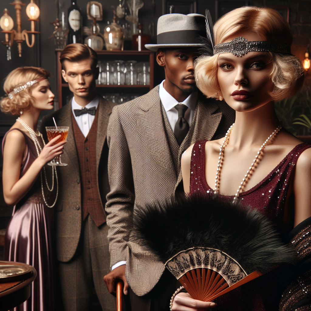 Must-Have Speakeasy Attire: Effortless Style Guide An interpretation of speakeasy-style attire. In the foreground, a stylish Caucasian woman in her early thirties wears a flapper dress in a rich burgundy hue, her blonde bobbed hair adorned with a sequined headband. She's holding an ornate feather fan. To her right, a Black man in his forties sports a three-piece tweed suit, complete with a fedora and holding a vintage cane. A South Asian woman in her twenties in the background is elegantly dressed in a satin gown paired with a string of pearls around her neck. The scene is set in a dim-lit, luxurious 1920s bar filled with antique furniture.