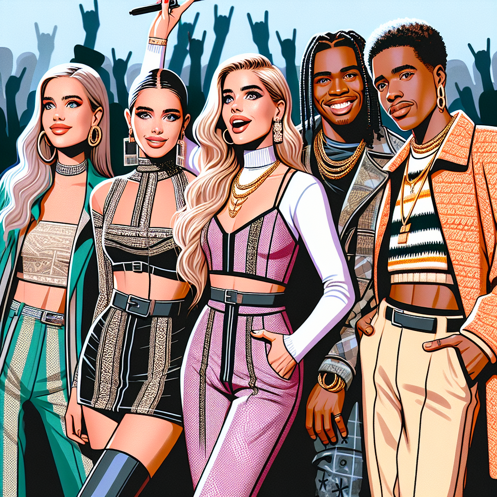 Create an image that represents popular fashion trends for a music concert in 2024! The image should show a group of four concert-goers, exuding excitement and anticipating the music performance. They should be dressed in stylish, vibrant attire suitable for a concert of a popular female pop artist. Picture two women of Caucasian descent and two men, one of Black descent and the other Middle-Eastern. Each person's outfit should reflect their unique personal style, while keeping to the overarching pop concert theme. The illustration should portray a sense of unity, camaraderie, and a shared love for music.