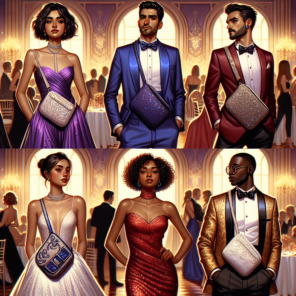 Depict a ballroom scene where various individuals are showcasing their elegant outfits at a gala. In this scene, focus especially on four figures flaunting stylish sling wear. The first figure is a middle-eastern woman in a shimmering purple dress with an embellished sling to match. The second figure is a South Asian man in royal blue tuxedo with a stylishly designed white sling. The third is a Hispanic woman wearing a red sequin gown and an equally glittering sling. The last person is a black man looking regal in a golden suit with a sling adorned with black gemstones.