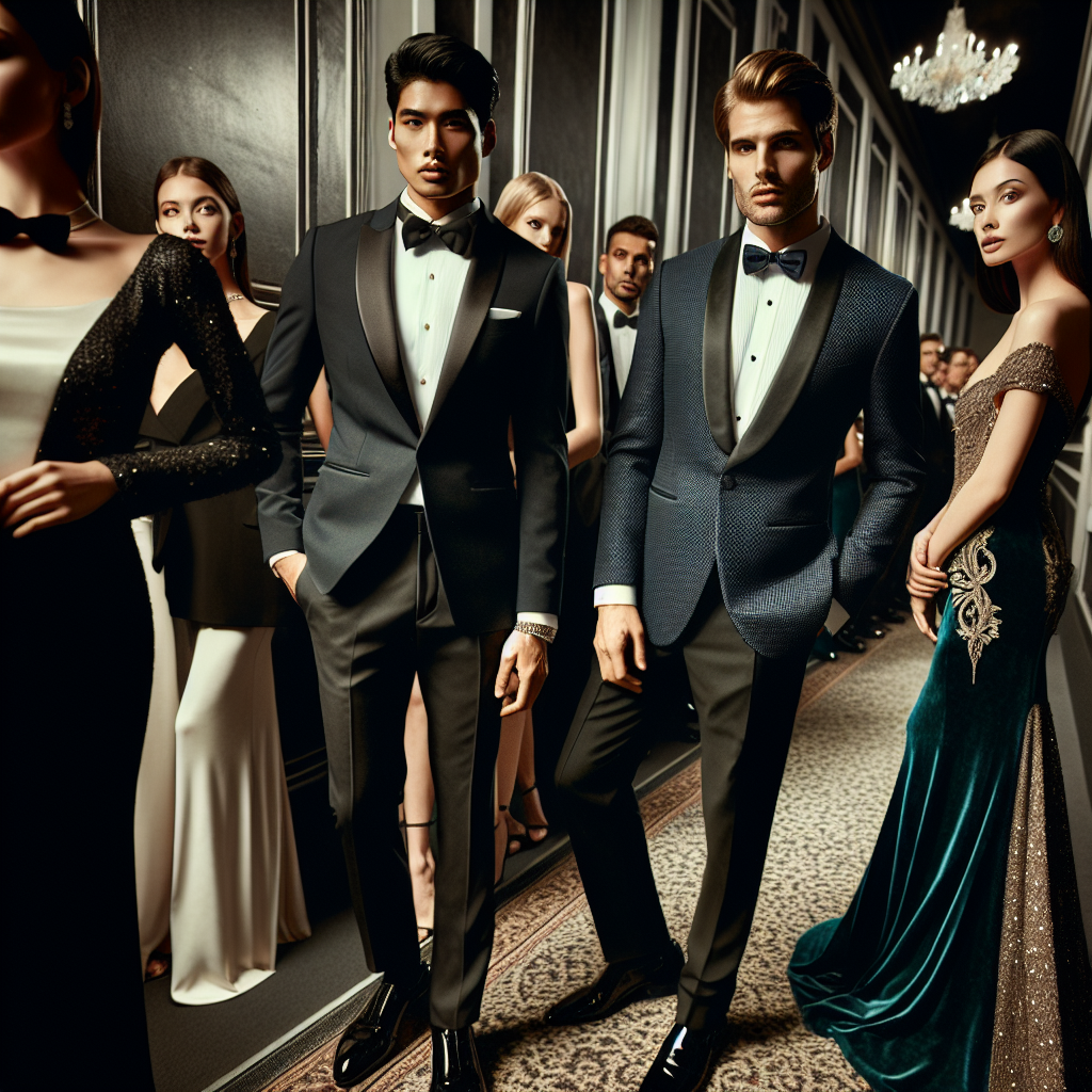 Envision a classy and elegant gala scene. A line of people awaiting their grand entrance. A South Asian man poses confidently, donning a crisp, well-tailored tuxedo with bow tie and patent leather shoes, reflecting impeccable taste. Nearby, a Caucasian woman in a sleek, minimalist, and effortlessly elegant black gown paired with dazzling diamond accessories whispers subtle sophistication. Further along a Hispanic man turns heads in a midnight blue dinner jacket and tailored trousers, while a Middle Eastern woman shines in an emerald floor-length dress adorned with intricate gold embellishments. The crowd's attire sets the tone for a memorable evening of elegance and style.