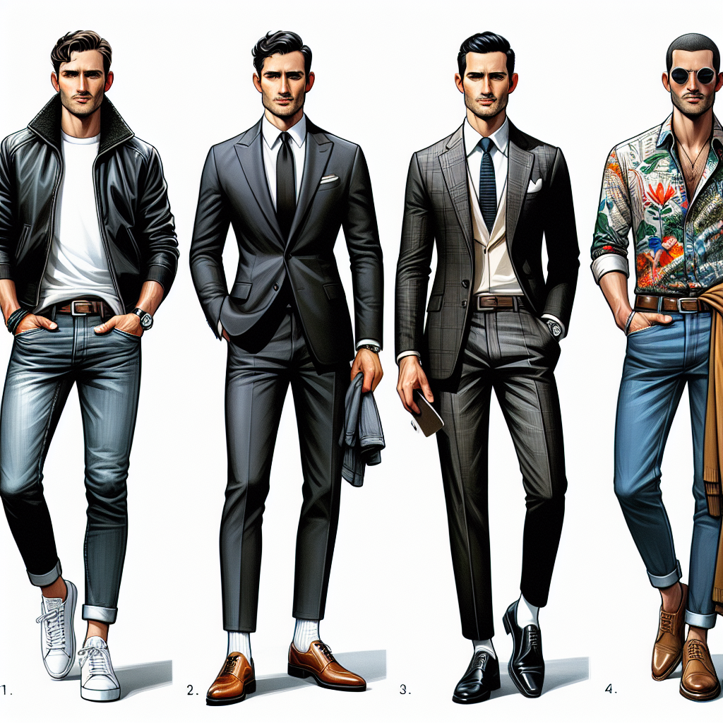 Stunning First Date Outfits for Men: Must-See Styles Create an image of four men, each showcasing a different style for a stunning first date outfit. The first man is Caucasian and dressed in a trendy, casual ensemble; a sleek leather jacket, fitted jeans and fashionable sneakers. The second man is South Asian sporting a classic style with a sharp tailored suit, crisp dress shirt and polished dress shoes. The third man is Hispanic dressing in a casual, business style; a combination of blazer, chinos and loafers. The fourth man is Black, opting for a creative, artful style; a unique patterned shirt, bright-colored trousers and trendy boots.
