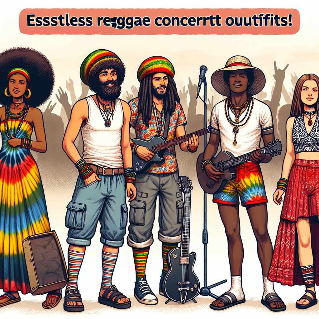 Effortless Reggae Concert Outfits: Must-Have Styles! Imagine a scene at a reggae concert. A diverse group of four people are enjoying the music, all of them dressed in their best concert outfits. The first person is a Middle-Eastern woman with big curly hair and she's wearing a vibrant tie-dye dress with comfortable sandals. Standing next to her is a South Asian man wearing colorful baggy pants and a wide-brim hat. The third is a Black man in a white sleeveless top, denim shorts, and a bandana. Lastly, the White woman is in a unique ensemble of patterned blouse, red skirt, and flip-flops. All of them convey the text 'Effortless Reggae Concert Outfits: Must-Have Styles!'