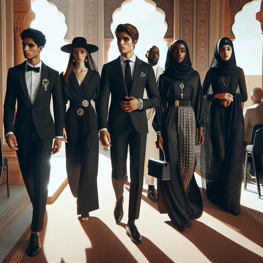 What to Wear to a Funeral 2025: Elegant & Timeless Picture an elegantly dressed group of diverse individuals arriving at a funeral ceremony set in the future year of 2025. Envision a South Asian man in a sharp black classic-cut suit with a tasteful tie. Nearby, a Hispanic woman is adorning a flowing black dress with a sophisticated hat. A Black woman is clad in a stylish black jumpsuit with minimalist jewelry, while a white man wears a polished suit with a black tie and a brooch. Amidst them is a Middle-Eastern woman donned in a traditional black Abaya with a chic, discreet embellishments. Each person exudes a timeless elegance while still remaining contemporary.