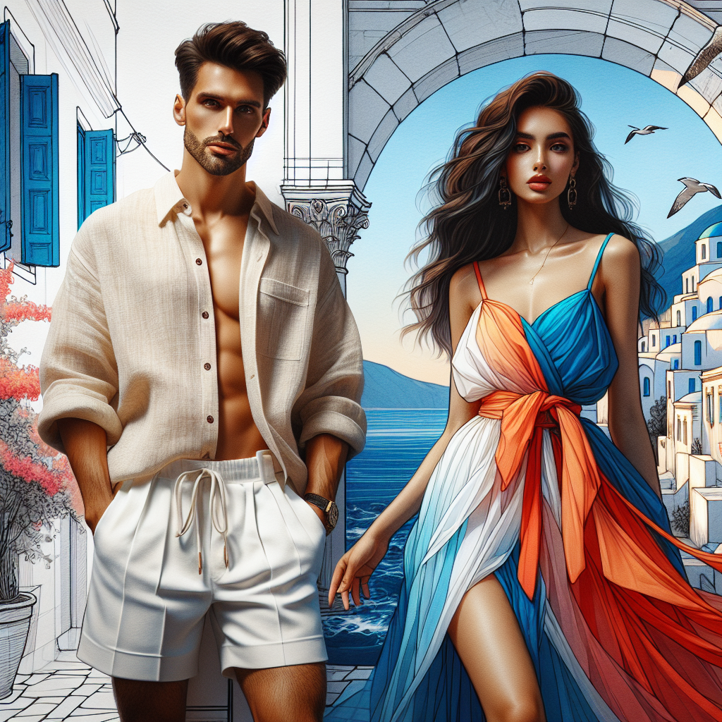 Stunning Greece Outfits: Blend In Beautifully Visualize a scene set in Greece, focusing on fashionable clothing styles that blend beautifully with the environment. Picture a couple. The man, of Middle-Eastern descent, is wearing a light linen shirt, combined with a pair of tailored shorts. Next to him, a woman of South-Asian descent is draped in a vibrant, flowing sundress that mirrors the hues of the Mediterranean sea. They are both complementing the Grecian architecture around them, with its signature white and blue backdrop.