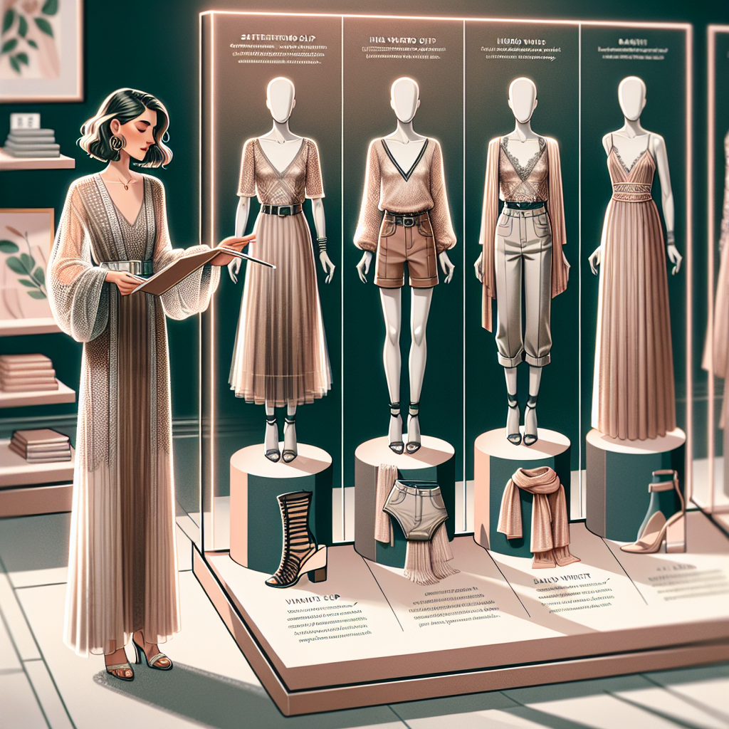 What to Wear Under a See-Through Dress: Effortless Tips An image illustrating an informative article on fashion advice. The scene features a stylish, Caucasian woman on the left side dressed in a chic, tastefully see-through dress with light fabric. Next to her, display stands of various outfits considered appropriate for under a see-through dress, such as a simple black slip, high-waisted underwear and bandeau sets. The display stands are labelled with brief, easy-to-read fashion tips. The environment could be a cozy, modern dressing room with mirrors, soft lighting, and a hint of luxury. The female model is confidently examining the choices presented, embodying the empowering nature of personal style.