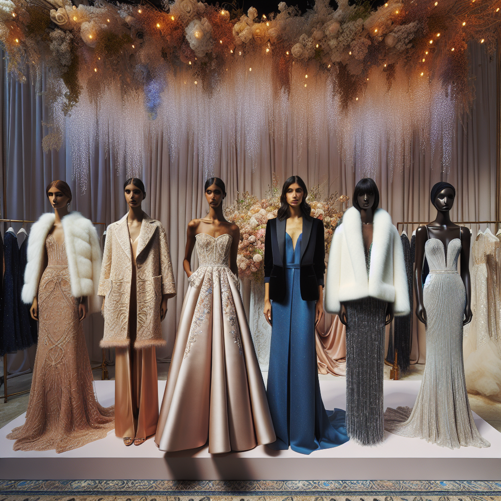 Stunning Styles: Best to Wear Over a Formal Dress for a Wedding A fashion display showing diverse elegant outerwear options to complement formal dresses for a wedding. The selections include a lavishly embroidered champagne-colored shawl draped over a dusky rose ball gown worn by a South Asian woman, a sleek black tuxedo jacket casually hung over a sapphire-blue sheath dress on a Middle-Eastern woman, and a soft, faux-fur white stole positioned atop a shimmering silver mermaid dress modelled by a black woman. The backdrop is a tastefully decorated wedding venue with strings of twinkling fairy lights and a luxurious floral arrangement.