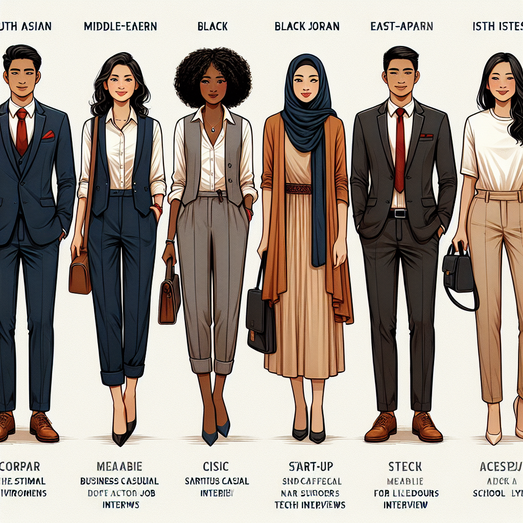 A detailed visual guide comprising of six distinct outfits suitable for different types of job interviews. Display a South Asian man in a formal navy-blue suit with a crimson tie for corporate environments, a Middle-Eastern woman in chic business casual attire with a blazer and khaki trousers for a start-up interview, a Black woman in a stylish yet formal grey jumpsuit for media companies, a Caucasian woman in a modest but fashionable dress and smart cardigan in soft colors for school interviews, an East Asian man in a sharp white shirt and nice jeans for tech firms, and finally, a Hispanic man in a casual shirt and chinos for a laid-back creative agency. The outfits should be visually labeled with the type of interview they are appropriate for.