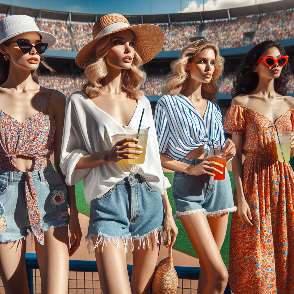 Stunning Summer Styles: What to Wear to a Baseball Game A bright, sunny summer day at a baseball park. In the foreground, a group of four fashionable women in trendy summer outfits are standing and watching the game. One woman of Caucasian descent is wearing a stylish sun hat with a loose white blouse and denim shorts. Another woman of Middle-Eastern descent is in a vibrant floral dress with a chic pair of sunglasses. A third woman of Black descent is wearing a breezy off-shoulder top with a colorful printed skirt. Lastly, a woman of Asian descent is donning a sporty baseball shirt with fitted capris. Each woman is holding a lemonade or a hot dog, epitomizing the spirit of a summer baseball game.