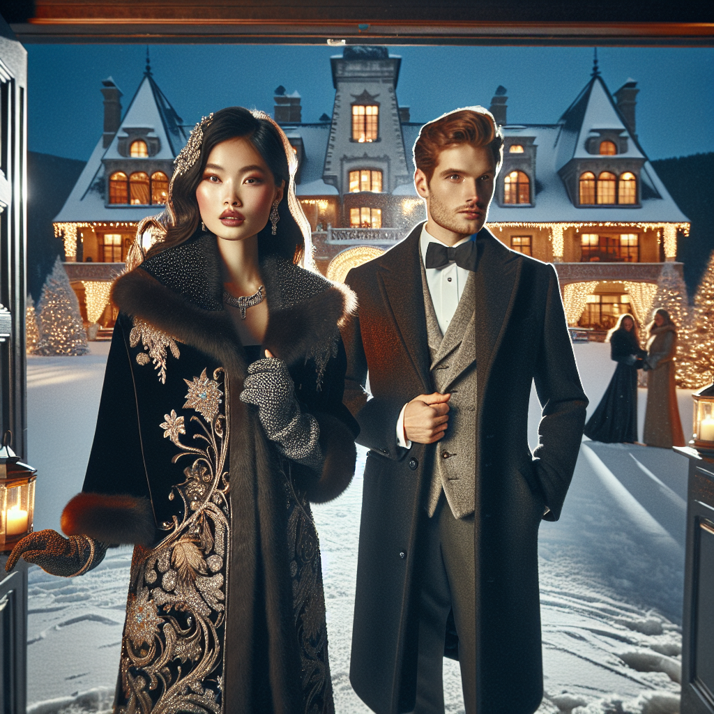 Stunning Cover-Ups for Chilly Formal Events: Shop Now Visualize a scene featuring a sophisticated East Asian woman elegantly dressed in a luxurious velvet, full-length cover up, with intricate beadwork. Next to her stands a Caucasian man in a formal suit showcasing a classic, cashmere overcoat with detailed stitching. They are at an upscale outdoor event amidst a spectacular winter setting with snow gently falling around. Ambient lights from a nearby grand estate reflect softly off the snowy landscape creating a stunning backdrop. Welcoming warm lights from an open doorway invite guests into the buzz of the party inside.