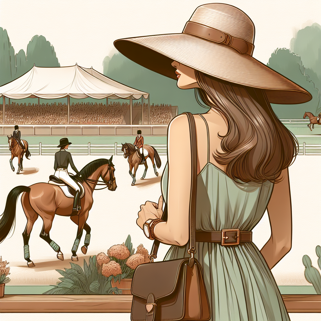 An illustration of a horse show from the viewpoint of a female spectator. She is dressed in a sophisticated style, ideal for the outdoors. She is a middle-aged South Asian woman, wearing a chic sun hat to shield from the sun, and a light summer dress that is comfortable yet fashionable. She carries a fashionable leather shoulder bag for essential items. Comfortable yet stylish flats grace her feet. In the background, show horses can be seen performing their routines, evoking a sense of elegance and grace.