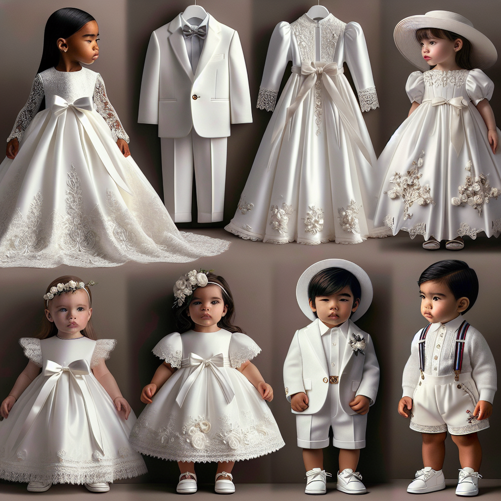 A detailed display of several must-have outfits for a baptism ceremony. On the left, a traditional long white gown designed with delicate lace details, worn by an Asian baby girl. To her right, a Hispanic toddler boy donning a smart white suit, complete with a tie and shiny shoes. Further to the right, an elegant baptism outfit for an African toddler girl, featuring a beautiful white dress adorned with satin ribbons. Lastly, on the far right, a Caucasian toddler boy in an embroidered white romper, paired with a cute hat. All outfits styled with timeless elegance and grace.