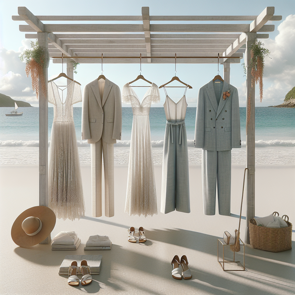 Visually capture a carefree and elegant beach wedding. Depict a sunny, serene beach with waves gently lapping at the shore and a scenic white arbor. Hanging underneath the arbor, viewed from the front, are three varied outfits on elegant hangers. The first outfit, a modern wedding dress, silently speaks to Caucasian descent, with a flowing and light design made of lace, perfect for the warm weather. The second outfit geared towards a South Asian male is a crisp, linen suit in light blue with a coral boutonniere. The third outfit, a jumpsuit with a deep v-neck and wide-legged pants, is worn by a Black woman, showing off the balance between comfort and sophistication. A more grounded beach essentials lie beneath the hanging outfits: a pair of sleek sandals, an airy sunhat, and a stylish pair of sunglasses.