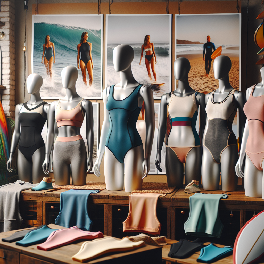 Imagine an array of essential undergarments for wetsuits. Picture a variety of styles prioritizing ease and comfort. Capture a diverse selection of breathable fabrics in an assortment of colors. Display these on mannequins, showing the design and fit of each item, suggesting ease of movement and comfort. The backdrop is a surf shop with surf-themed decorations and accessories like colorful surfboards. The scene radiates effortlessness, functionality, and style, making the undergarments an irresistible must-have for any water sport enthusiast.
