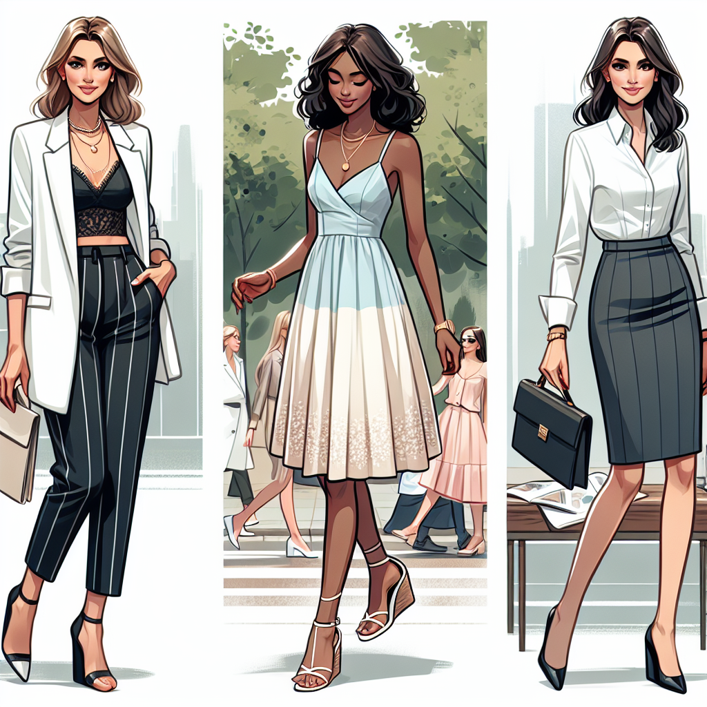 A comprehensive fashion guide featuring a Caucasian woman dressed in a casual chic outfit, with a white blazer, black cropped trousers, and heels. In another scene, a Black woman is rocking a white blazer with a pastel summer dress and wedges, showcasing a more relaxed look. Finally, a South Asian woman is wearing a business professional outfit, pairing the white blazer with a pencil skirt and classic pumps. Each woman is accessorizing their outfit with tasteful jewelry and performing different activities, such as walking down an urban sidewalk, having a picnic in a park, and conducting a business meeting.