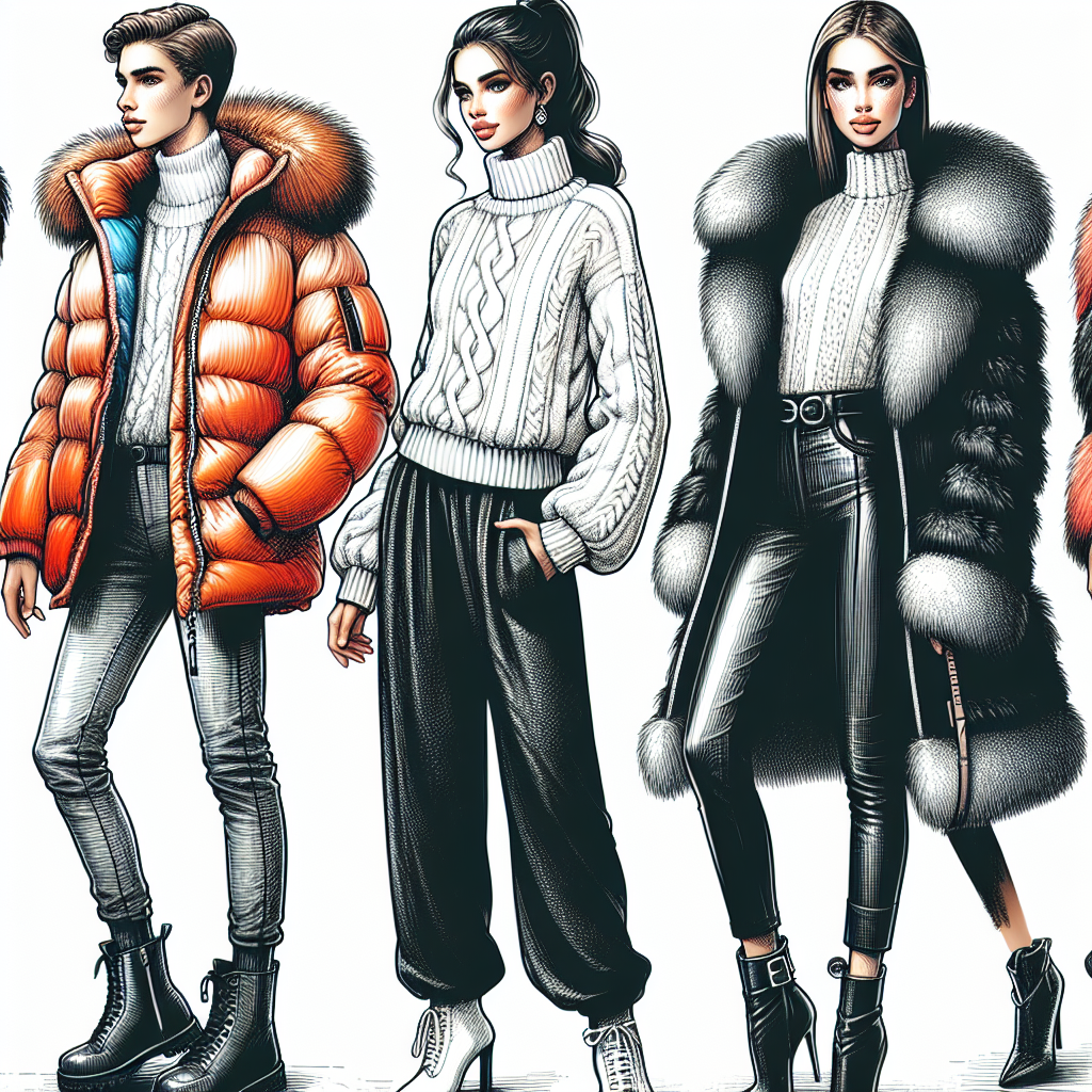Fashion Tips: Stunning Outfits for Winter Comedy Shows Create a hand-drawn image depicting an array of stunning and warm winter outfits that are perfect to wear to comedy shows. Picture one person in a stylish, puffy, brightly-colored jacket, another in a cozy, chic white sweater paired with elegant black pants and boots, and perhaps a third in an edgy, modernist overcoat with an extravagant fur collar. Make sure to emphasize the diversity of the outfits, portraying the three individuals as Caucasian, Hispanic, and Black respectively. Each of them should be stylishly dressed, oozing confidence and charm, depicting that they are about to attend a comedy show.