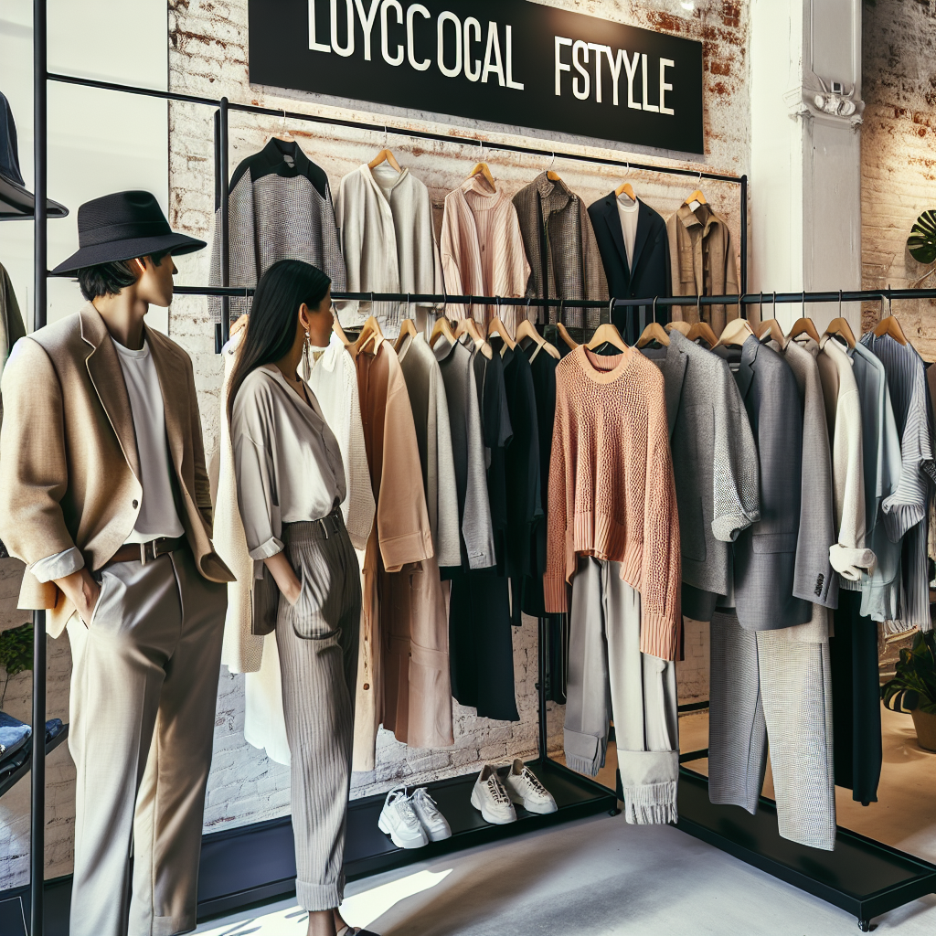 Image of an array of stylish outfits hanging on a clothing rack. The outfits are characteristic of NYC local fashion encompassing varied styles like sophisticated professional wear, creative and layered street style, as well as comfortable and casual outfits. Each attire is meticulously assembled to give off the likely vibes of different NYC boroughs. A South Asian woman and a Caucasian man are seen browsing these outfits, trying to capture the essence of NYC culture. The backdrop is a chic, minimalist clothing store with exposed brick walls, giving an essence of urban architecture.