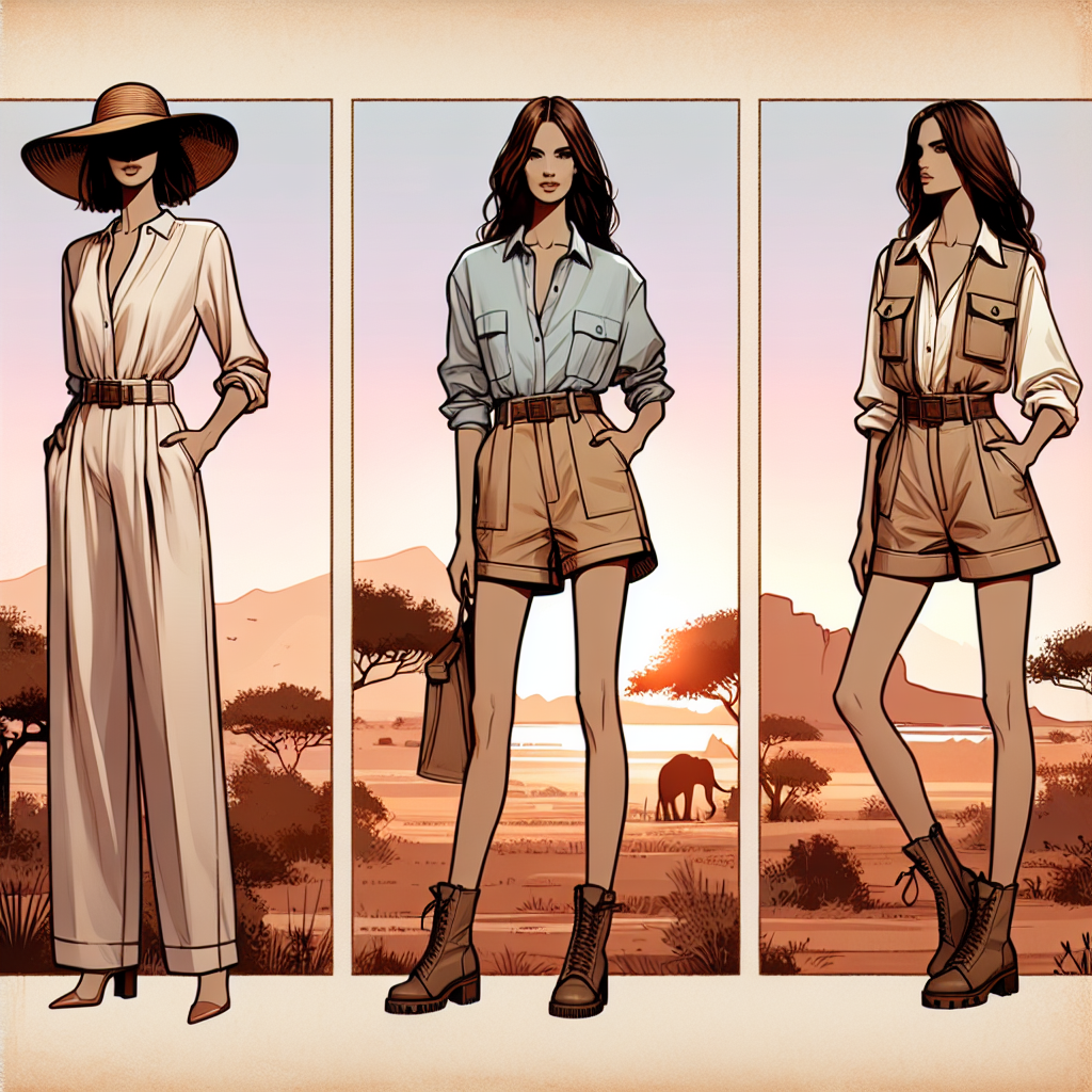 Must-Have Safari Outfits: Effortless Elegance for Women Illustrate a fashion spread of must-have safari outfits that exhibit effortless elegance for women. Imagine three full-length silhouettes showcasing different outfits. The first outfit is a sophisticated khaki jumpsuit paired with a wide-brimmed straw hat. The second outfit, a functional but chic ensemble consists of pastel linen shirt tucked into high-waisted beige shorts, complemented by leather boots. The third outfit consists of a lightweight, breathable sundress in earth tones, paired with a classic safari vest. Background should convey a muted safari landscape, imbuing warm sunset hues.