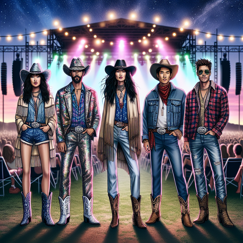 Stunning Outfits for Rascal Flatts Concert: Style Guide Visualize this: A festival setting under the canopy of a twilight sky, with colorful country music concert lights illuminating the scene. Showcase a diverse mix of people wearing incredible outfits suitable for a Rascal Flatts concert. Display an Asian woman in a sequined cowboy hat and a trendy fringed jacket, a Middle Eastern man rocking denim-on-denim attire paired with leather boots, a Black woman wearing a chic flannel shirt and cowboy boots, and a Caucasian man in a plaid shirt and distressed jeans. Ensure each look strikes a balance between flamboyant country charm and modern fashion sensibilities.