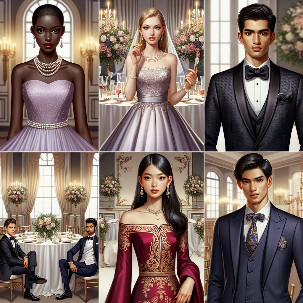 Depict a variety of elegant wedding attire suitable for formal occasions. Show a Black woman wearing a lilac chiffon evening gown accented with pearl accessories, a Middle-Eastern man in a tailored black tuxedo with a silk bow tie, and an Asian woman in a sophisticated red silk dress with gold embroidery details. Also include a white man in a classic navy blue three-piece suit with a paisley tie. The backdrop should be a lavishly decorated wedding venue with crystal chandeliers, grand floral arrangements, and tasteful table setups.