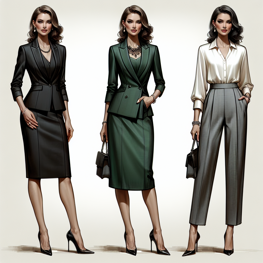 Imagine a series of sophisticated outfits for professional women, embodied with a sense of effortless elegance, suitable for a conference setting. Visualize a display of three different attires each conveying unique style expressions. The first outfit is a sharp, two-piece suit with a tailored fit, in a chic black shade with a pop of color through a silk scarf. The second is a sophisticated dress with a structured cut, in a vibrant emerald green. The final image has an elegant blouse in an off-white shade combined with a slim-fit, high waist, gray trouser. Each woman of diverse ethnic descents, Caucasian, Black, and Hispanic respectively, carries herself with grace and confidence.