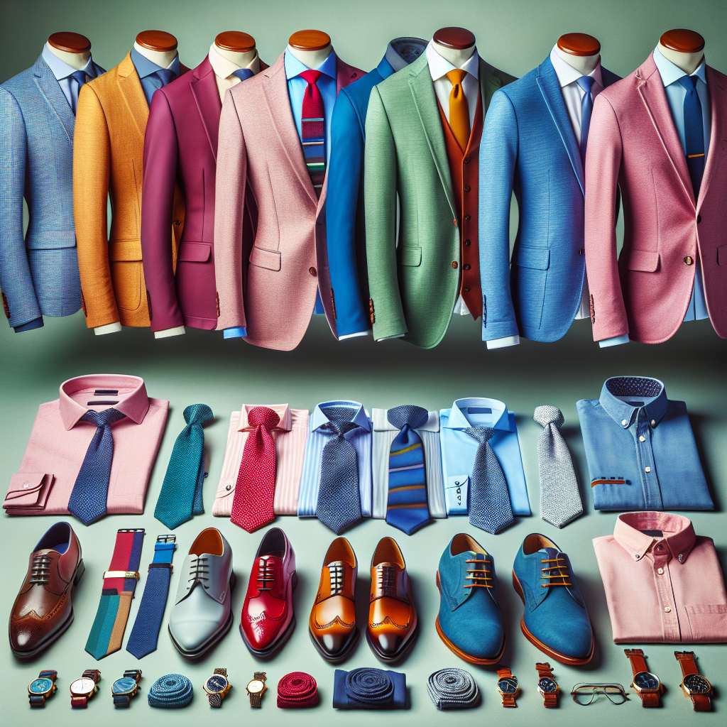 Stunning Outfits for Male Guests at Engagement Parties A colorful display of fashionable attire for men attending engagement parties. Visualize a variety of stylish and stunning outfits lined up, showcasing a balance between casual and formal wear. Each outfit comprises of neatly arranged elements like a crisp shirt, tailored jackets, ties in vibrant hues, smart trousers, and polished shoes. Place a few trendy accessories like watches, cufflinks, and pocket squares nearby, accentuating the style quotient. All of this radiates subtly against a serene backdrop that evokes the essence of an engagement party atmosphere.