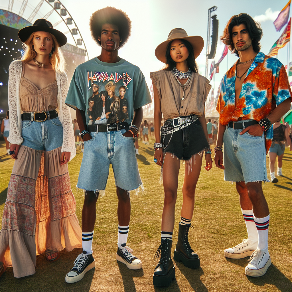 Picture a vibrant outdoor music festival scene with four individuals showcasing their unique and stylish festival outfits. To the left, a Caucasian woman is dressed in a bohemian style maxi dress, paired with strappy sandals and a wide-brimmed hat. Standing next to her, an African man is wearing a retro band t-shirt, distressed denim shorts, and classic canvas sneakers. Towards the right, an Asian woman is sporting a trendy tie-dye jumpsuit with chunky platform boots, complemented by a shimmering body chain. Next to her, a Middle-Eastern man has chosen a vibrant Hawaiian shirt, chino shorts, and espadrilles for an easygoing, tropical vibe. Their expressions convey anticipation and excitement, eager for a day of live music and fun.