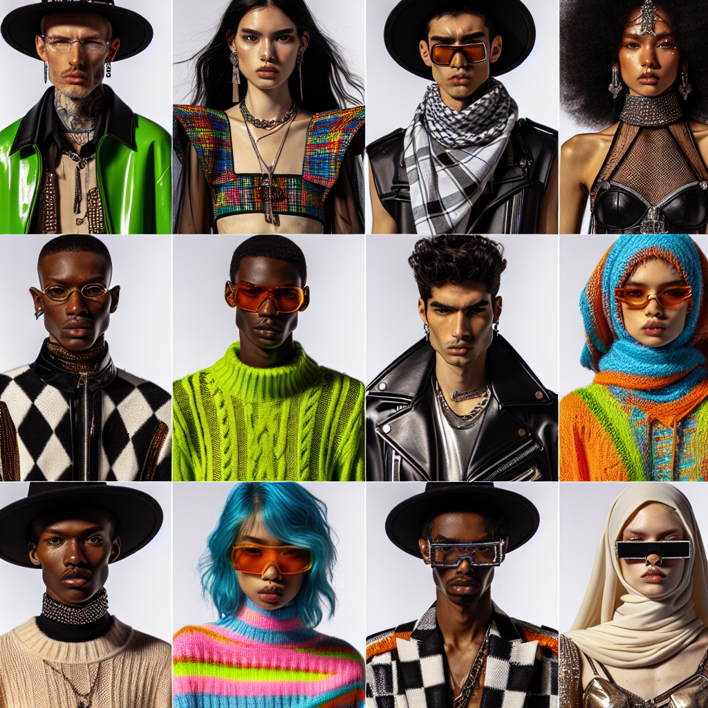 Create an image showing a variety of concert-appropriate outfits inspired by avant-garde fashion trends. Feature a diverse mix of models showing these styles. The models should come from a variety of descents, such as Middle Eastern, Hispanic, and Black. Also, ensure equal gender representation among the models, with both male and female models showing off the outfits. Focus should be on the outfits which are consisting of neon colors, oversized silhouettes, matching sets, and unique accessory pieces.