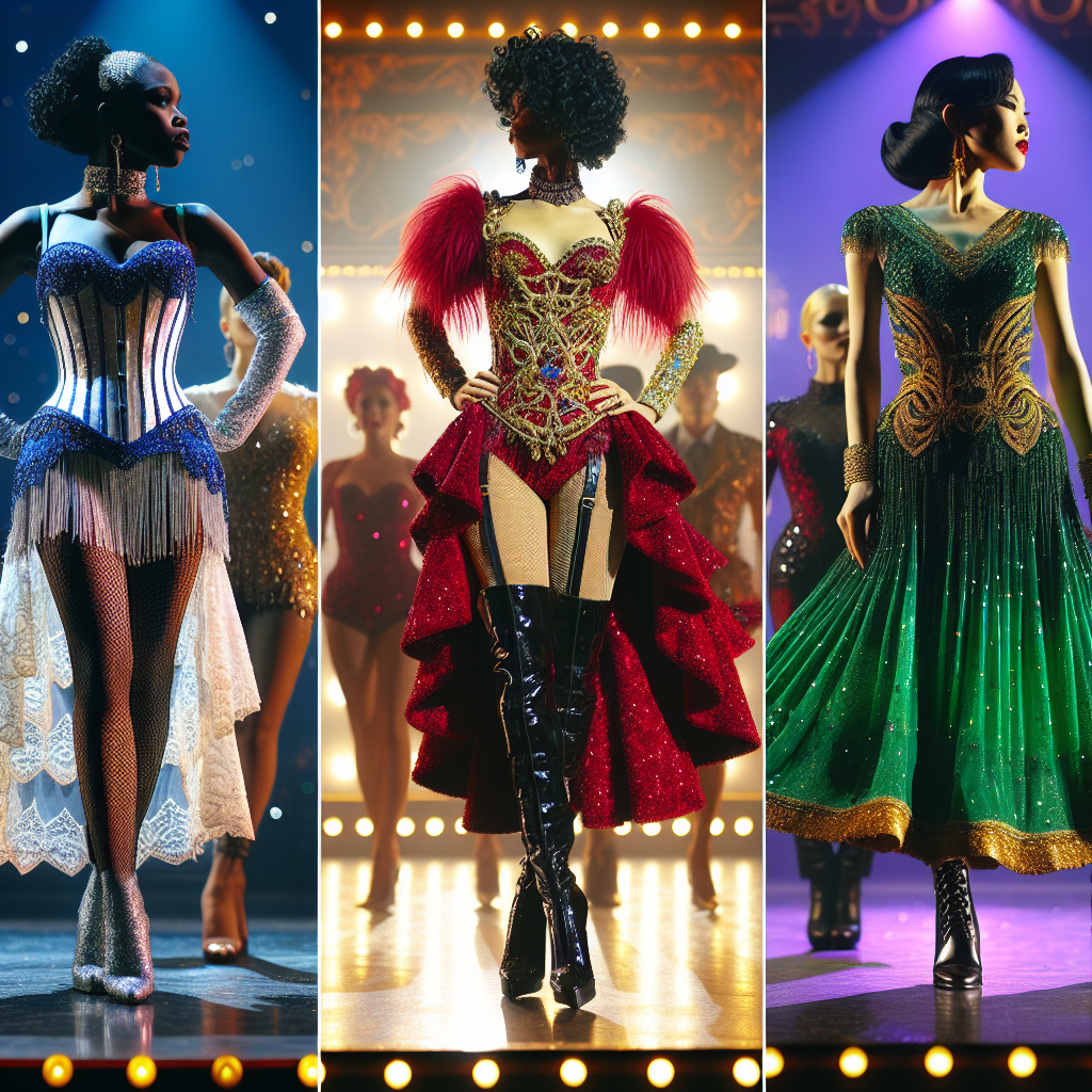 Stunning Outfits for Burlesque Shows: Dress to Impress Picture a sequence of three different burlesque show outfits on stage under spotlight. In the first scene, a Black woman is wearing a sequinned silver and blue corset combined with layered lace skirts and black heeled boots. The second scene illustrates an Asian woman dressed in a flamboyant red velvet bodysuit adorned with gold beads and feathers, complete with knee-high patent leather boots. Lastly, a Middle-Eastern woman is showcasing a vivid emerald green dress with black sequin details and leather ankle boots. Each costume sparkles beneath the stage lights, exuding charisma and confidence.