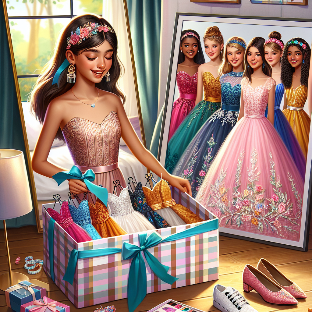 Must-Have Styles for a Stunning Bat Mitzvah Look Create a vibrant image to reflect must-have styles for a stunning Bat Mitzvah look. The scene should represent an unwrapped gift box revealing a selection of trendy dresses with detailed embroidery and sparkling embellishments. Nearby, there should be matching shoes and accessories like headbands, earrings, and bracelets contributing to the entire look. The backdrop should consist of a modern bedroom with a colorful palette. Include a mirror reflecting a young girl, showcasing her enthusiasm and reflecting diverse races such as Hispanic, Black and South Asian.