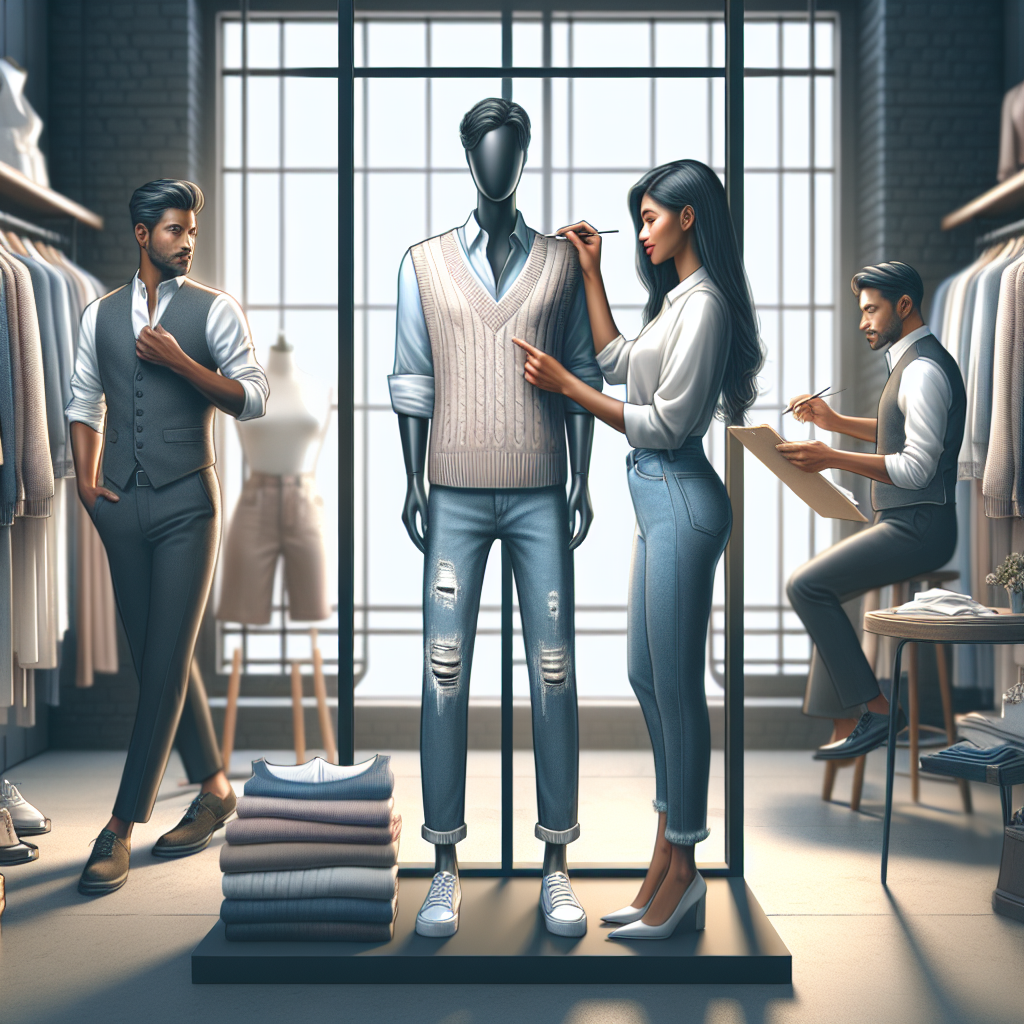 Stunning Outfits Under Sweater Vests: Effortless Style Visualise a fashion-oriented scenario highlighting the versatility of sweater vests. The scene unfolds in a boutique, with a chic fashion advisor fitting a sweater vest on a South Asian female customer. The advisor stylishly layers the vest over a white blouse, paired with distressed blue jeans. On a nearby mannequin, a Black male model's outfit is showcased: a fitted sweater vest, a pastel shirt, and classic grey chinos. In the background, a Hispanic male tailor is seen sifting through a rack of sweater vests, eager to help the next patron. The ambiance of the space exudes effortless style and charm.