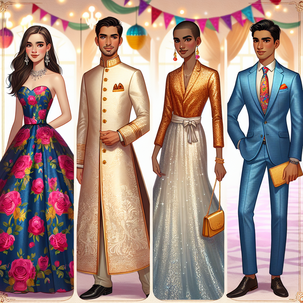 Create a diverse set of four fashionable guest outfits suitable for a Quincea&ntilde;era, emphasizing vibrant colors and elegance. The first outfit should be for a Caucasian woman featuring a bold-floral print dress and accompanying accessories. Depict a South Asian man next, elegantly dressed in a traditional light-colored Indian sherwani. The third outfit should be for a black woman, sporting a shimmering sequin evening gown and matching purse. Lastly, let's see an outfit for a Middle-Eastern man, decked out in a dapper well-fitted blue suit with a bright tie. All these should be set against a festive Quincea&ntilde;era background.