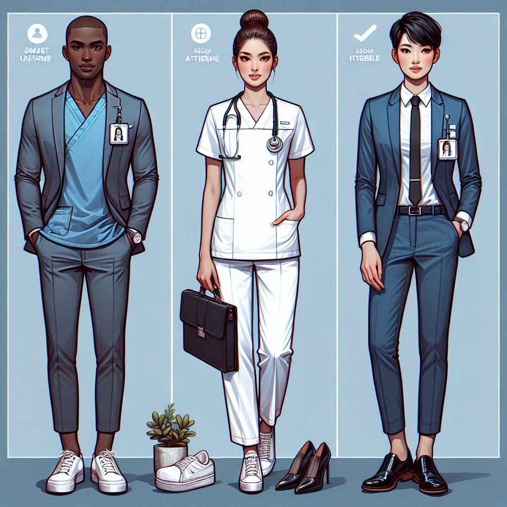 Stunning Interview Outfits for Nursing Pros Visualize a professional photoshoot set up displaying three unique interview attire for nursing professionals. One outfit is a scrubs-style ensemble worn by a black male, with a neat haircut. The second outfit is a neat white uniform worn by a South Asian female with a tasteful bun hairstyle. The third outfit captures the image of a smart casual attire suitable for a nursing interview, worn by a Hispanic female with her hair swept back in a sleek ponytail. All outfits ooze professionalism and style, with accessories like a stethoscope, ID badge, and polished shoes.