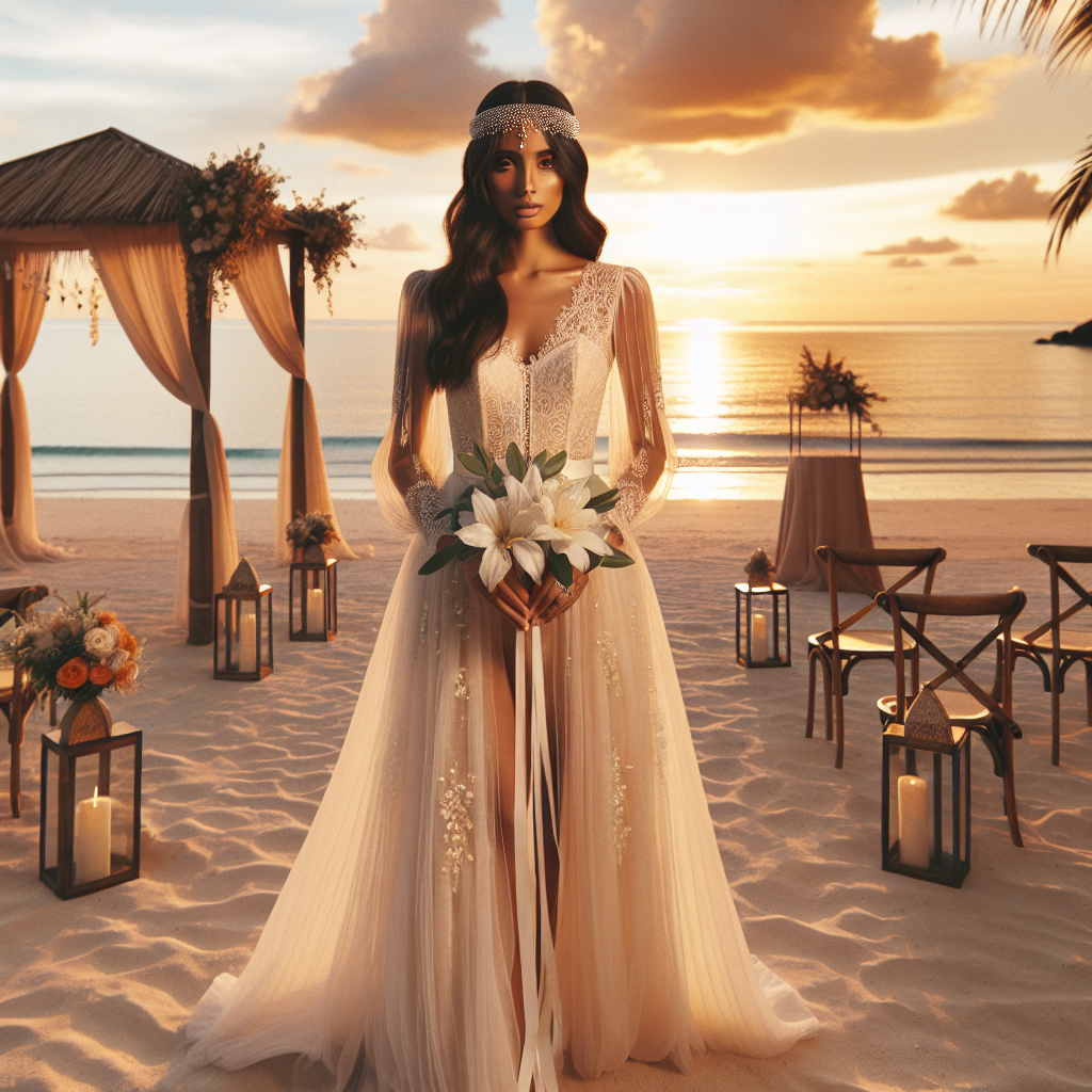 Imagine a picturesque beach wedding scene during a golden sunset. In the foreground, there's an elegant woman wearing a wedding outfit curated with utmost finesse. She is South Asian and her style exhibits tasteful fusion fashion. Her attire is a soft flowing white dress with delicate lace details and pearl embellishments. She also wears a bejeweled headband adding a sparkling touch to the beachy, boho-chic style. In her hands, she holds a bouquet of tropical flowers. The sandy beach backdrop is dotted with rustic wooden chairs for guests, a simple flower-bedecked arch, and the endless ocean meeting the painted sky.