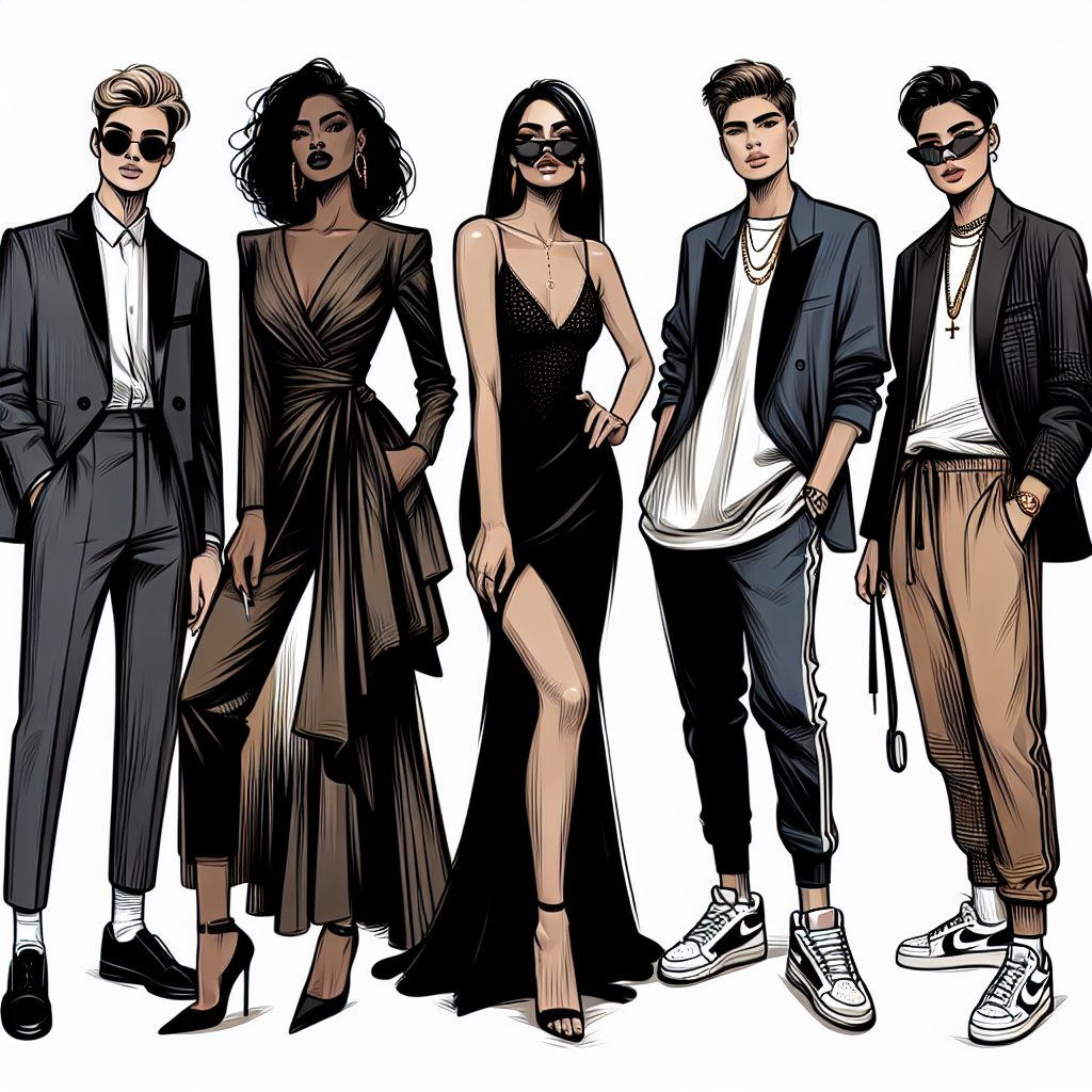 Must-Have Castings Outfits: Effortlessly Impress Illustrate a fashionable gathering. Show a group of six individuals, each displaying a unique and different outfit that would be considered a 'must-have' in the world of casting. Detail three women — one Hispanic with a professional suit, one Black woman in a glamorous evening dress, and one Middle-Eastern woman rocking a casual chic attire. Showcase three men as well — a South Asian man adorned in a slick tuxedo, a Caucasian man in fashionable streetwear, and an East Asian man dressed in a trendy sporty outfit. Emphasize the confidence and style of these individuals.