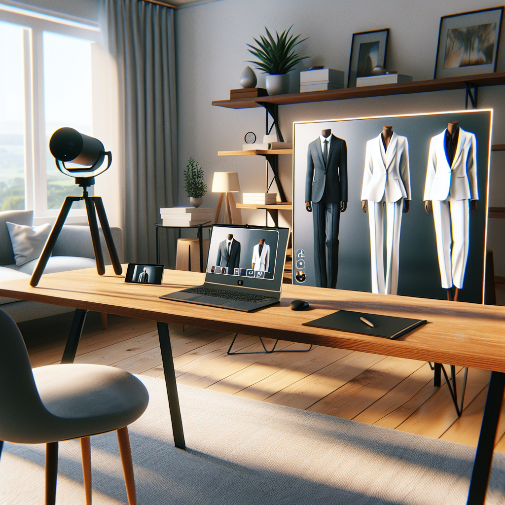 Exclusive Outfits for Stunning Virtual Interviews Visualize this scene: A bright and modern home office space with a dedicated setup for virtual interviews. On a sleek wooden desk are a sleek laptop, a high-resolution webcam, and professional lighting. Displayed on the screen are three exclusive outfit options for virtual interviews - each one addressing a broad example of descent and gender. The first outfit is a sharp blazer and matching trousers for a Black woman, the second outfit is a well-pressed, immaculate white kurta-pajama for a South Asian man, and the third a vibrant, assertive business dress for a Hispanic woman. The room, bathed in soft natural light, gives the atmosphere of poised readiness for any professional engagement.